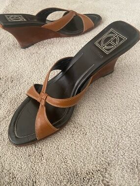 Cole Haan British Tan Brown  Leather Wedge Slide Sandals 8